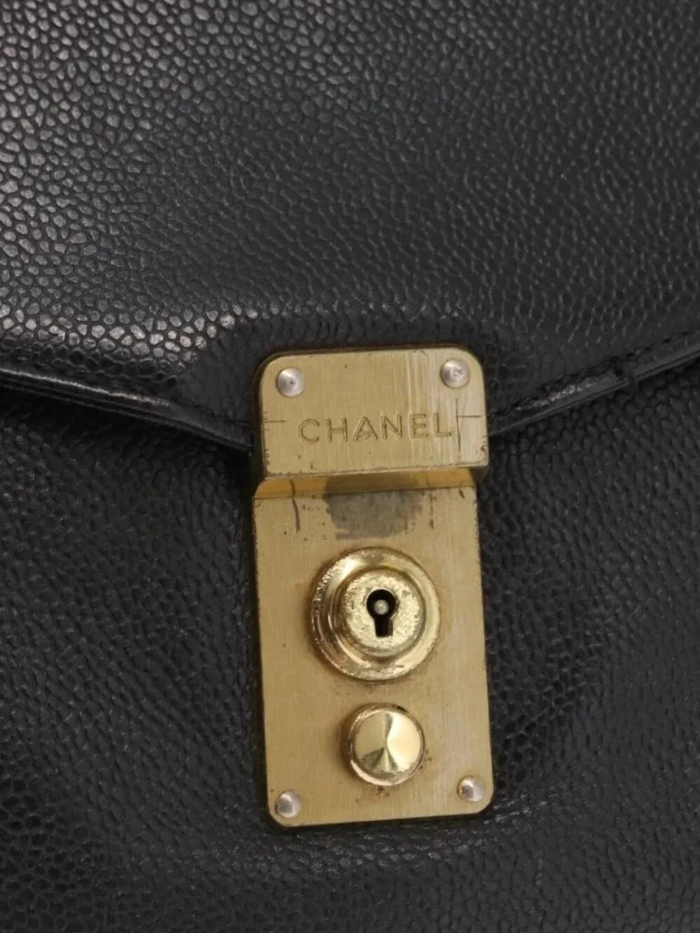 CHANEL Business Bag Grained Calf Skin Black Gold CC Auth 164528